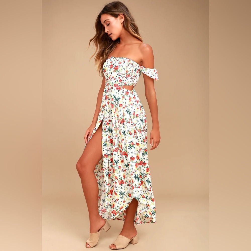Easy on the Eyes Cream Floral Print Off-the-Shoulder Maxi Dress